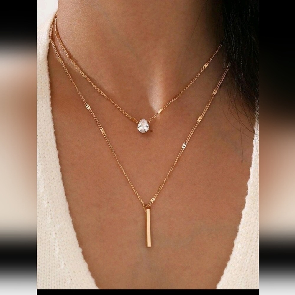 Gold Women Necklace Drop-shaped Rhinestone Long Tassel Pendant Layer Necklace‎